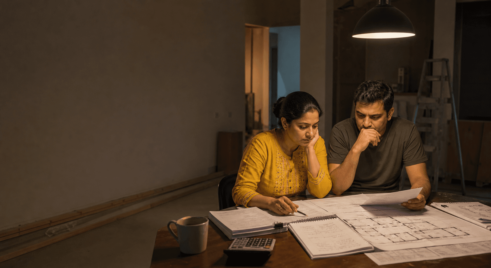 A couple reviewing house plans, quotations, and notes at their table inside an unfinished home