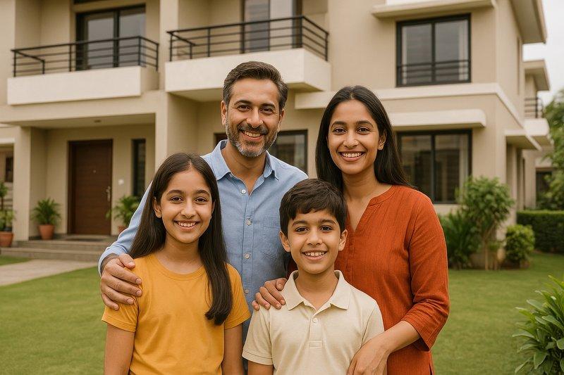 A homeowner family standing outside their future home