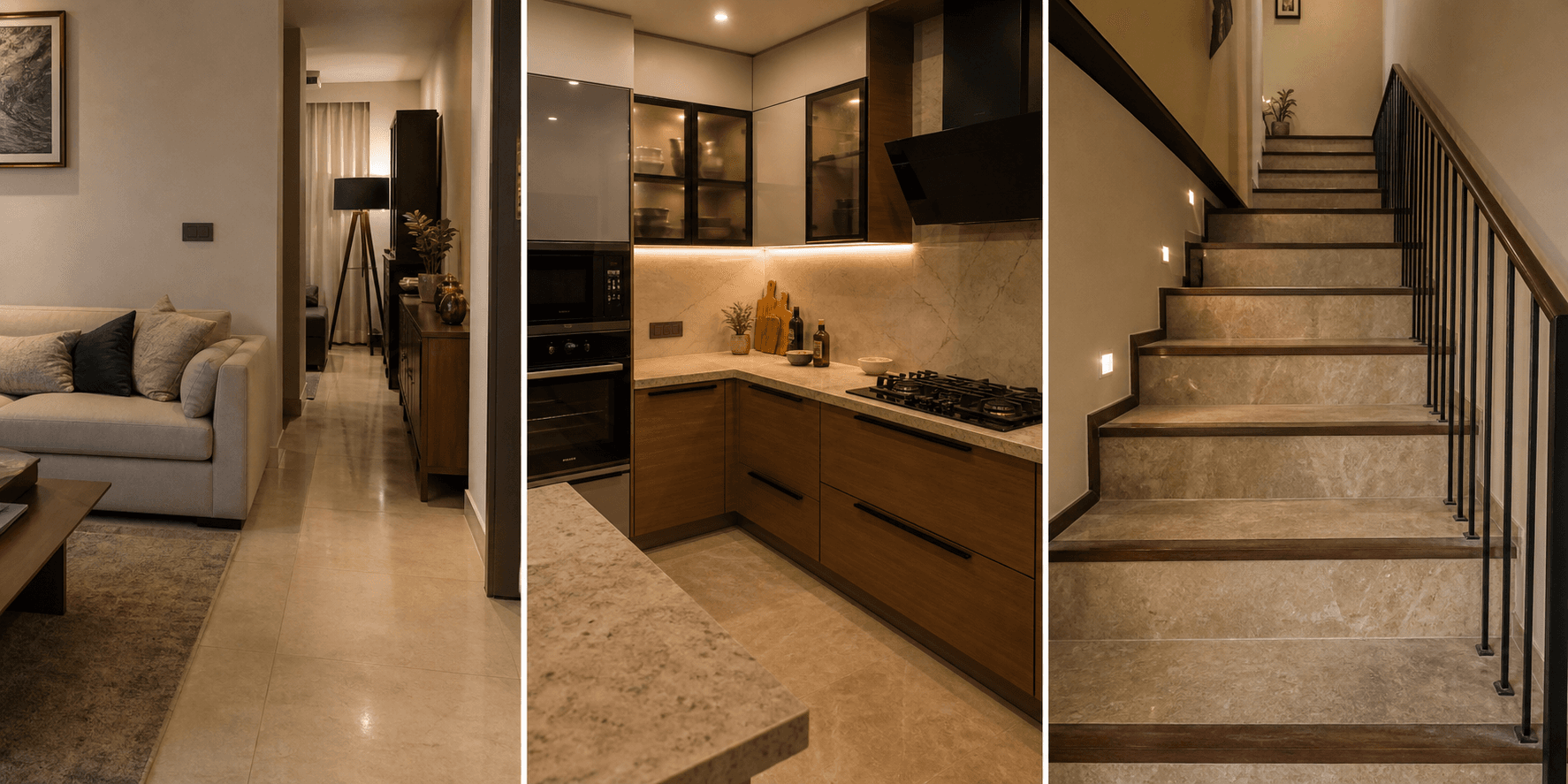 Finished interiors of a Kolo-advised home: living room, kitchen and staircase