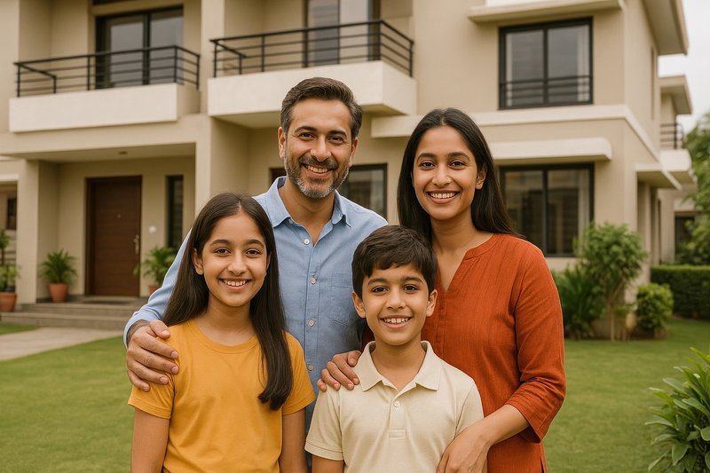 A family in front of their finished home
