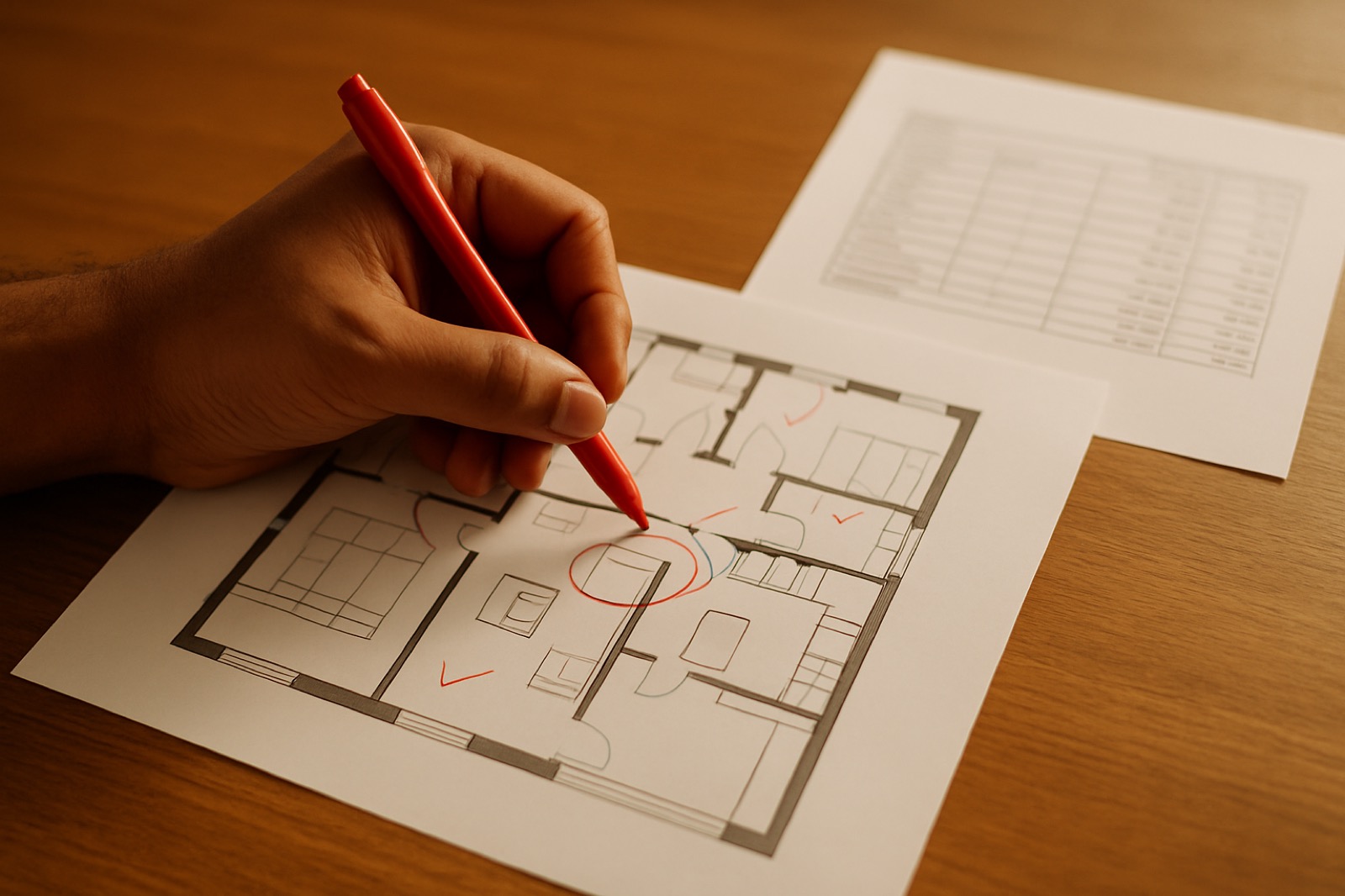 An advisor's marked-up floor plan review