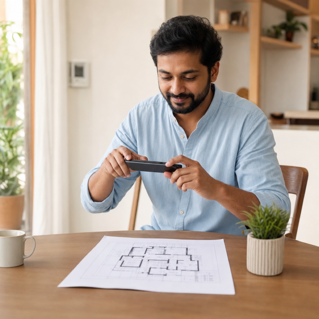 A homeowner sending a floor plan on their phone