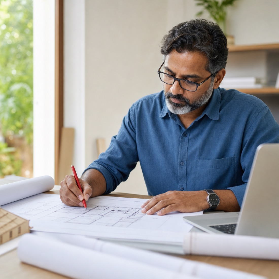 An advisor reviewing and marking up a floor plan
