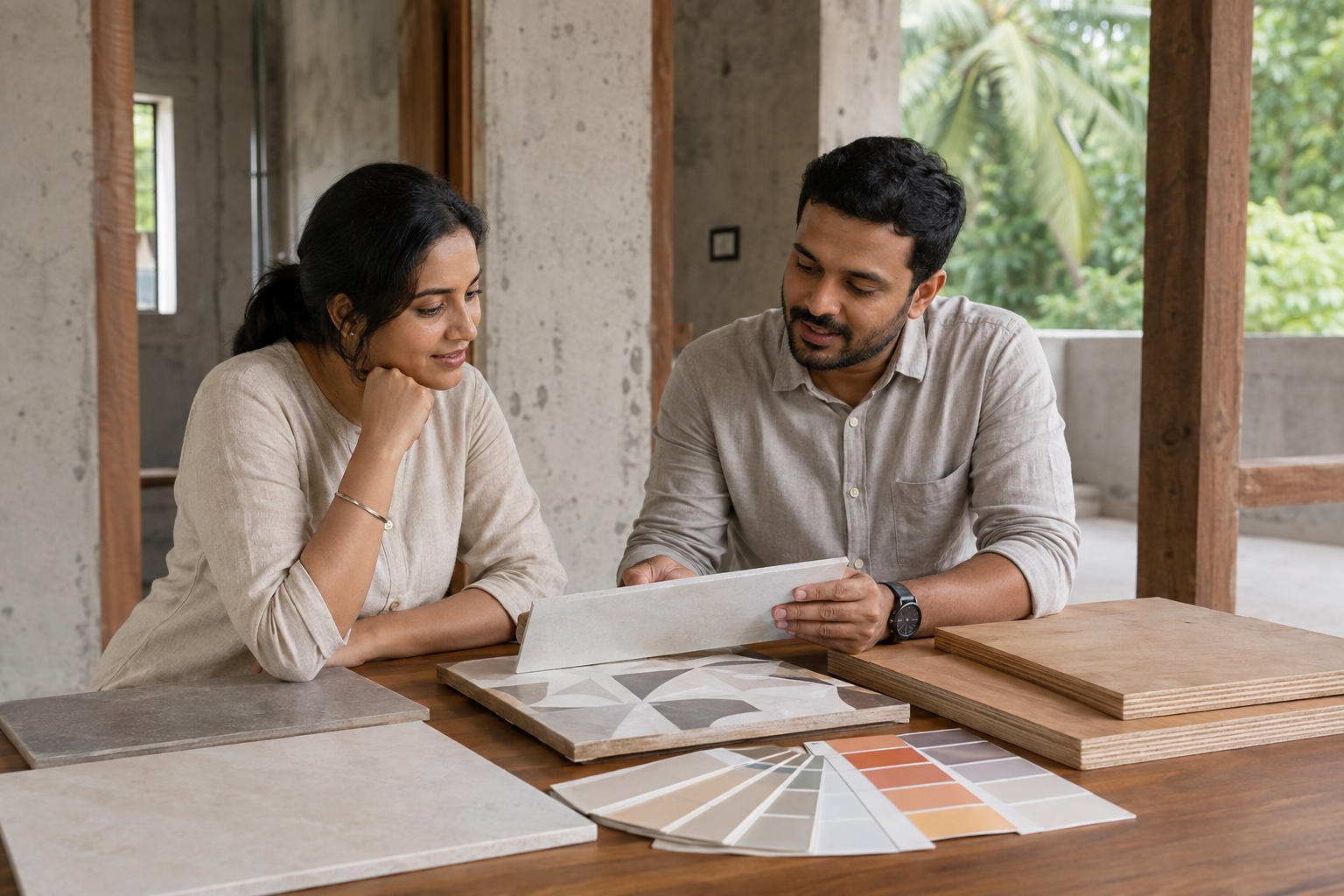 A couple comparing material samples with a contractor's catalogue