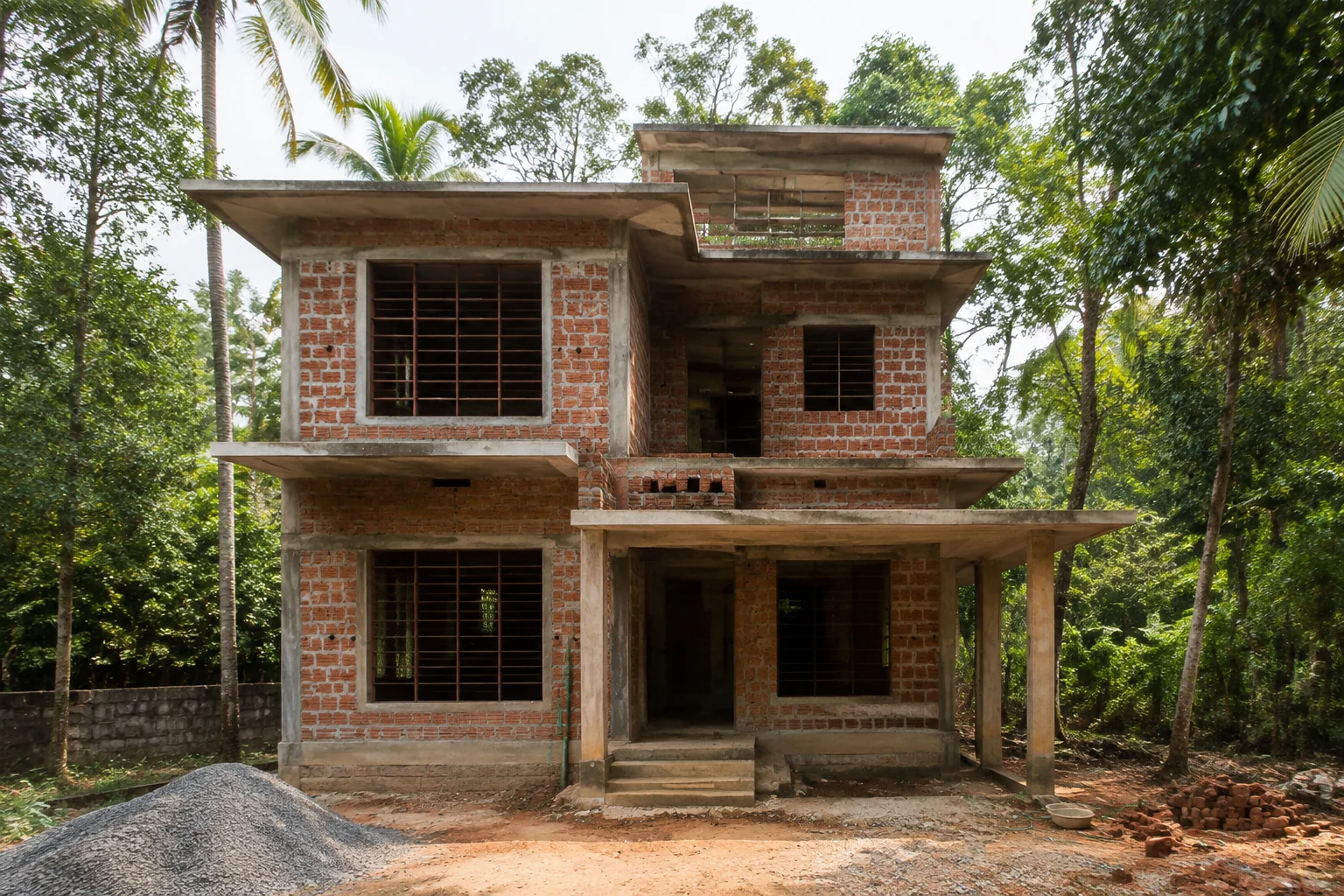 A traditional brick home under construction among palm trees