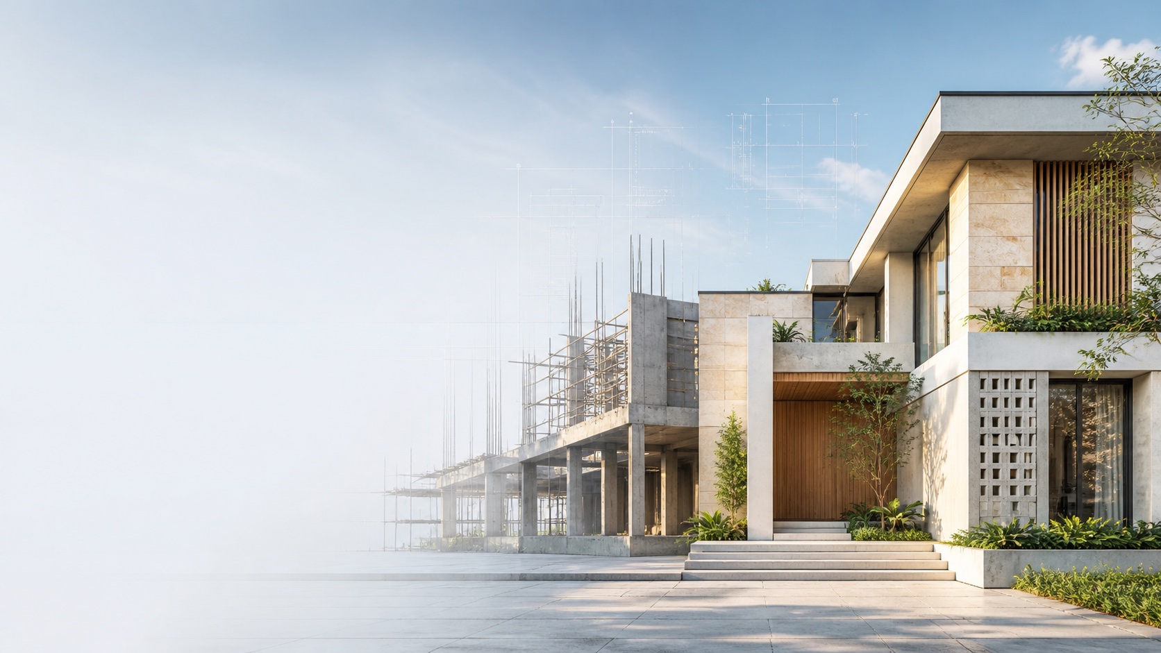A modern home rendered in light, half built and half complete